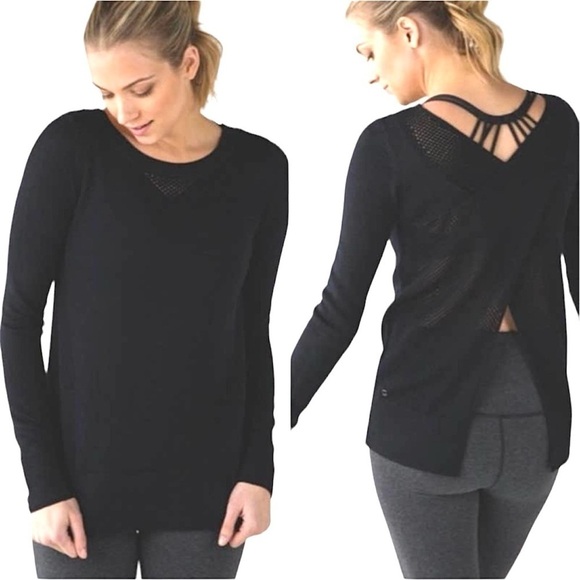 Lululemon Sunset Savasana Sweater Sz 4 Black Cashmere Bamboo Boolux Open Back - Picture 1 of 8